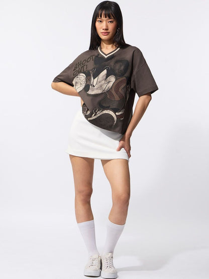 Women Mickey Mouse Printed V-Neck Drop-Shoulder Sleeves T-shirt