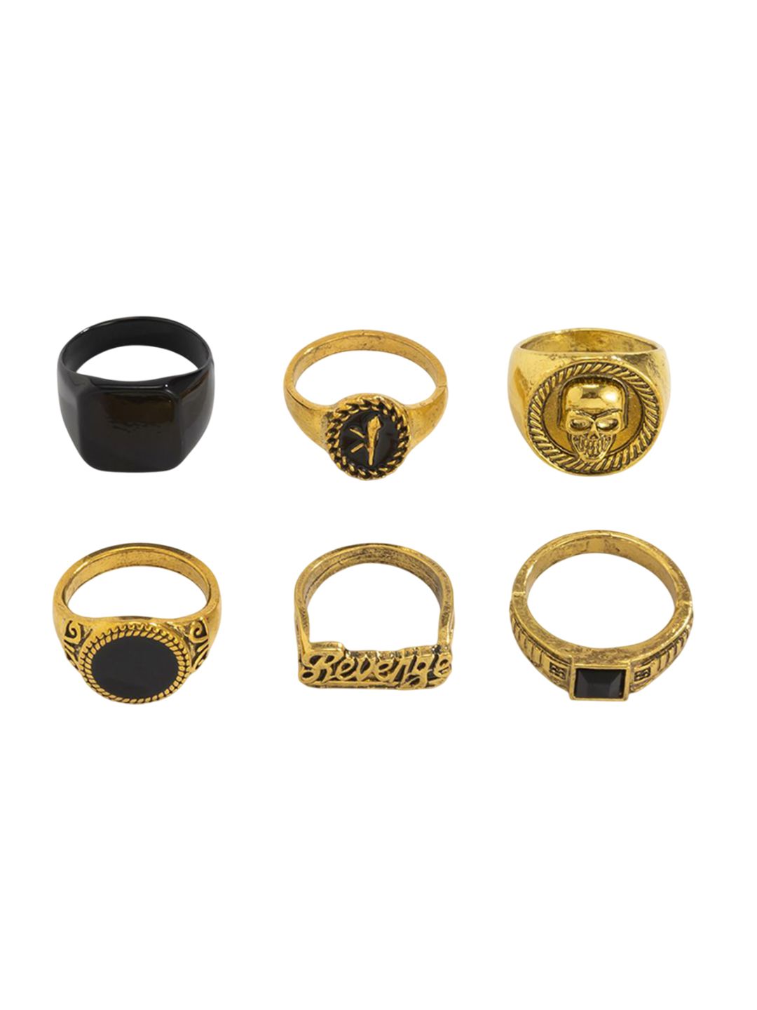 Men Pack Of 6 Gold-Plated Stone Studded Finger Rings