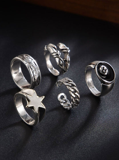 Set Of 5 Sliver-Plated Adjustable Finger Rings