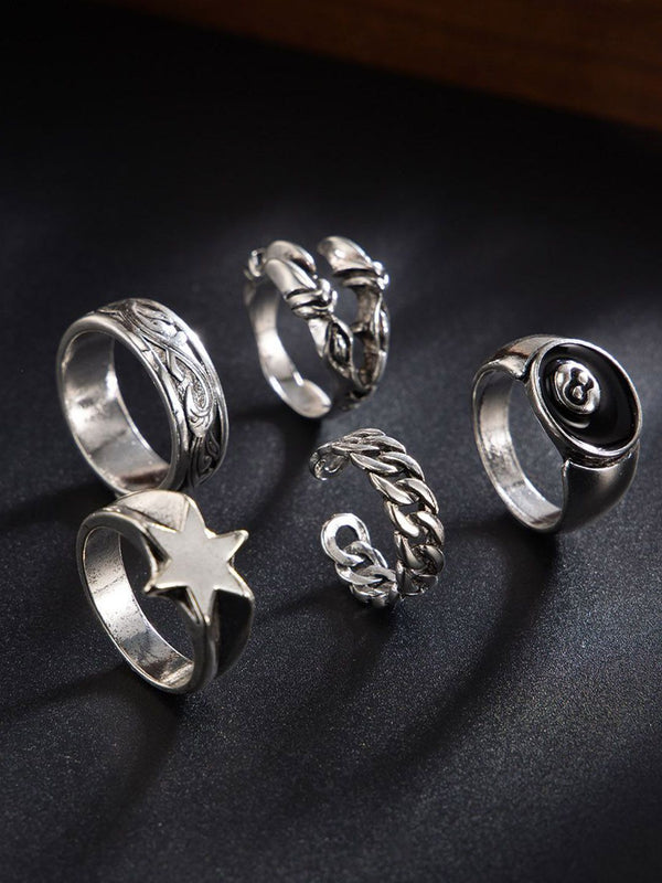 Set Of 5 Sliver-Plated Adjustable Finger Rings