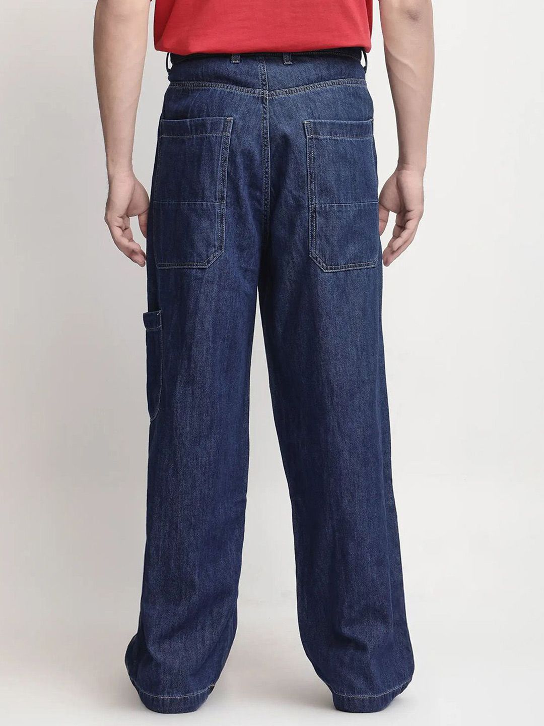 Mens Blue Plain Baggy Fit Mid Rise Casual Jeans