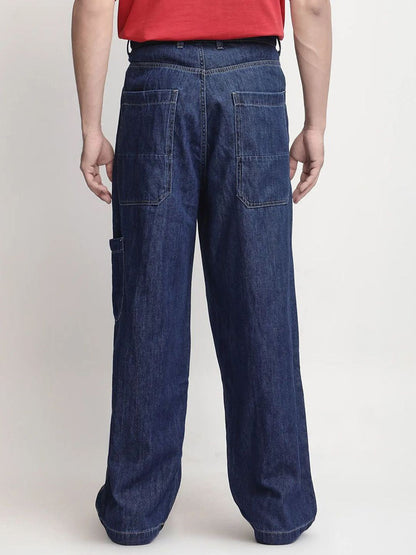 Mens Blue Plain Baggy Fit Mid Rise Casual Jeans