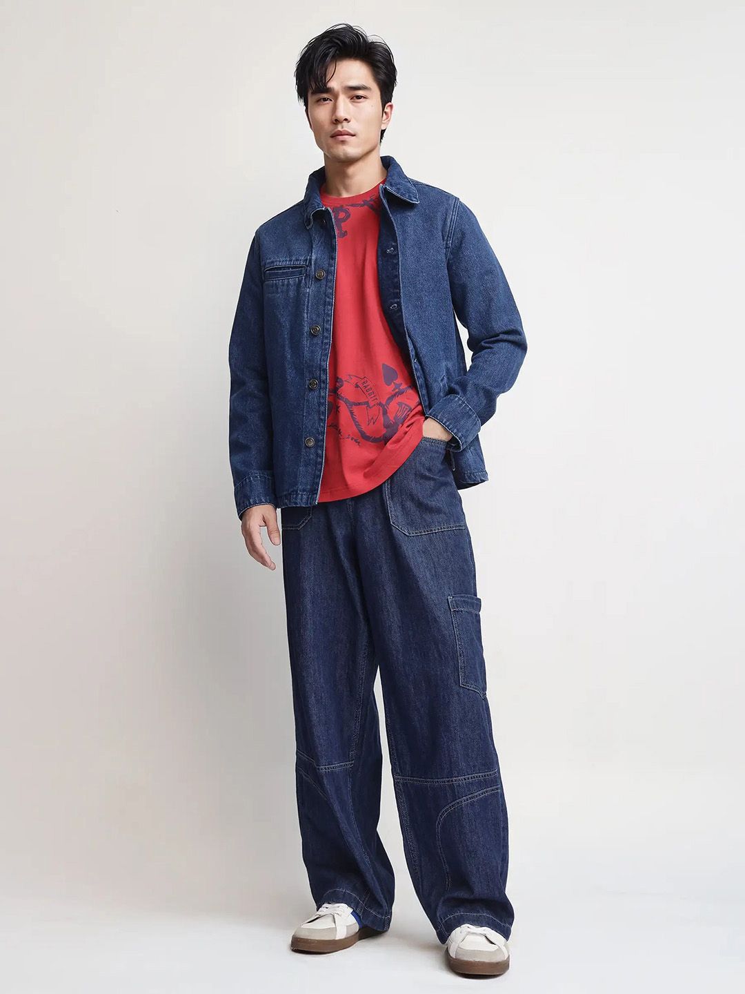 Mens Blue Plain Baggy Fit Mid Rise Casual Jeans