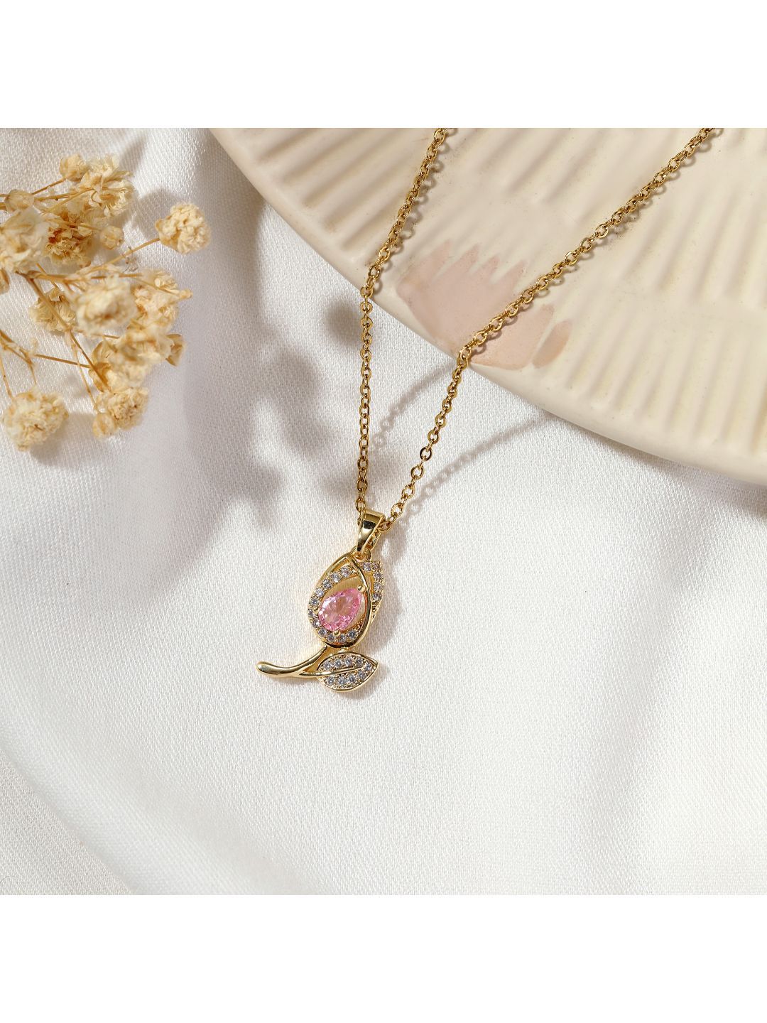 SALTY Women Rosy Dew Stone-Studded Pendant With Chain
