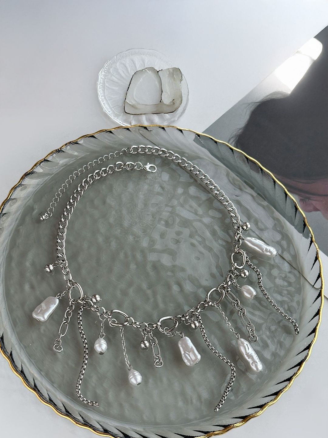 Silver-Plated Artifcial Beaded Tasselled Statement Necklace