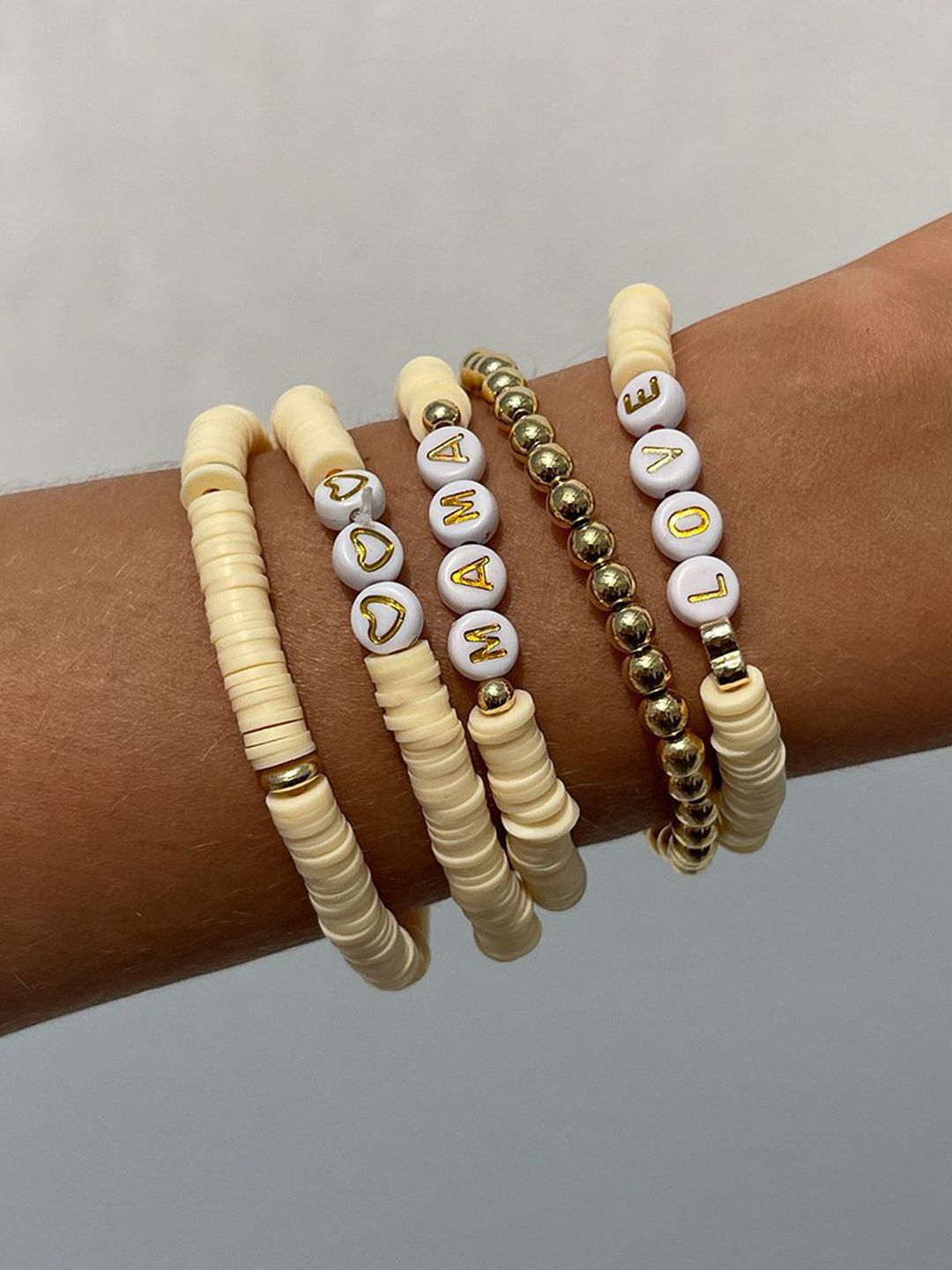 5 Pieces Gold-Plated Artificial Beaded Ceramic Elasticated Bracelet