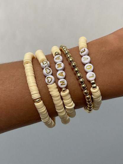5 Pieces Gold-Plated Artificial Beaded Ceramic Elasticated Bracelet