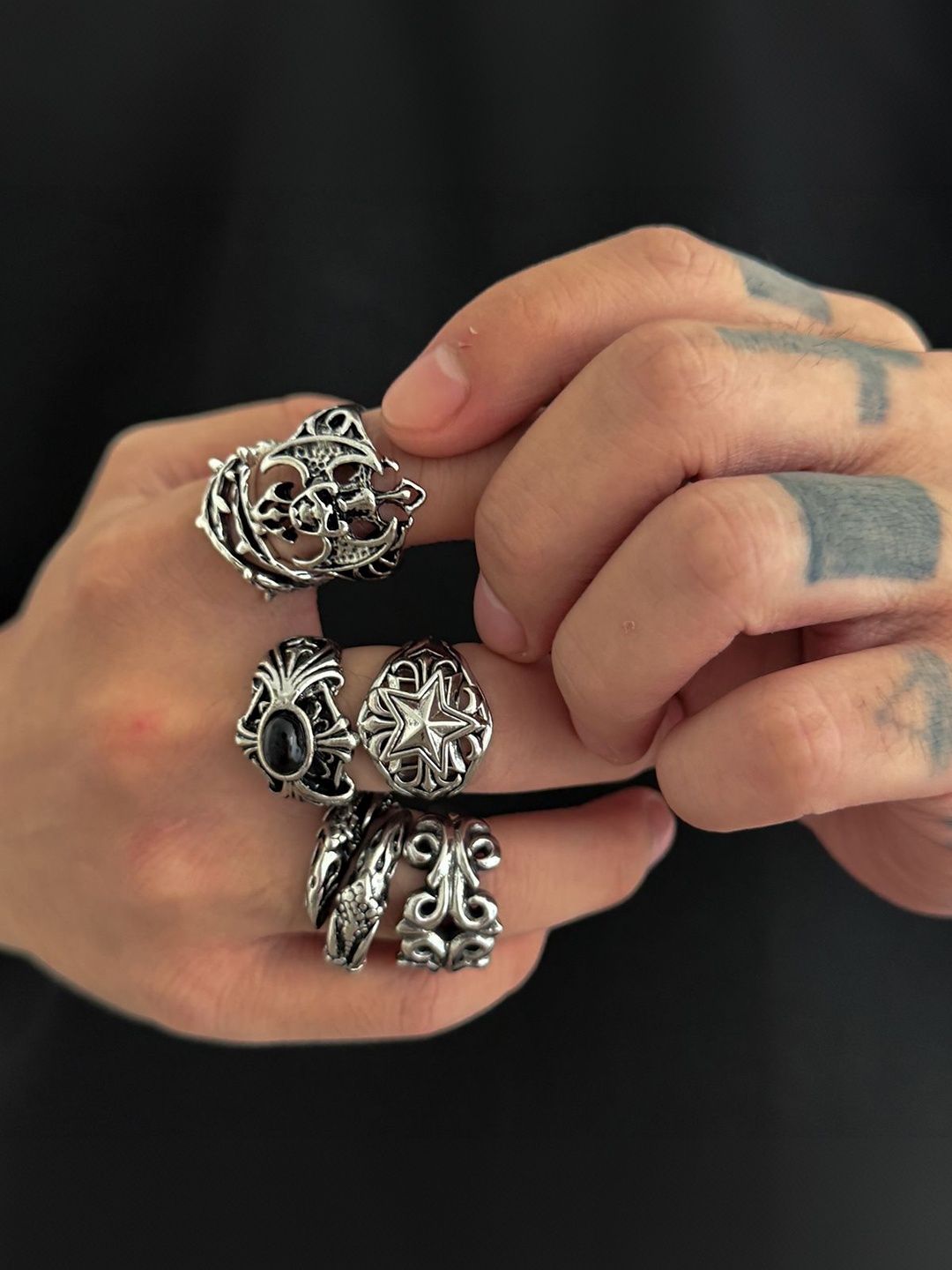 Men Set Of 6 Silver-Plated Finger Rings