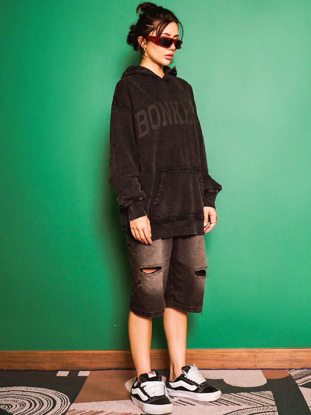 Women Faded Signature Printed Hooded Pullover Cotton Sweatshirt